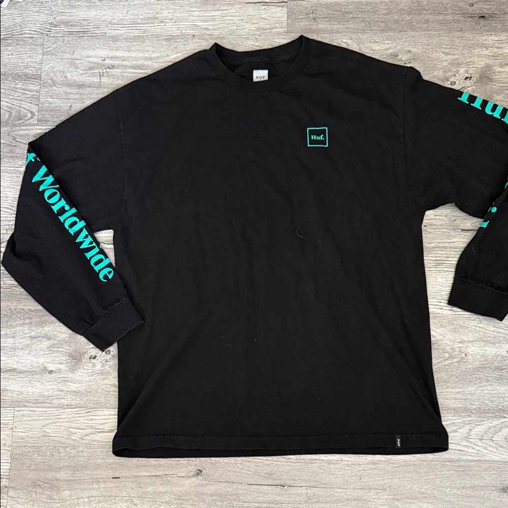 HUF Black Long Sleeve Tee with Teal Logo and Sleeve Graphics